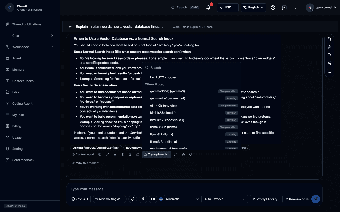 The ClawAI message box with the model picker open, listing the models you can choose from.