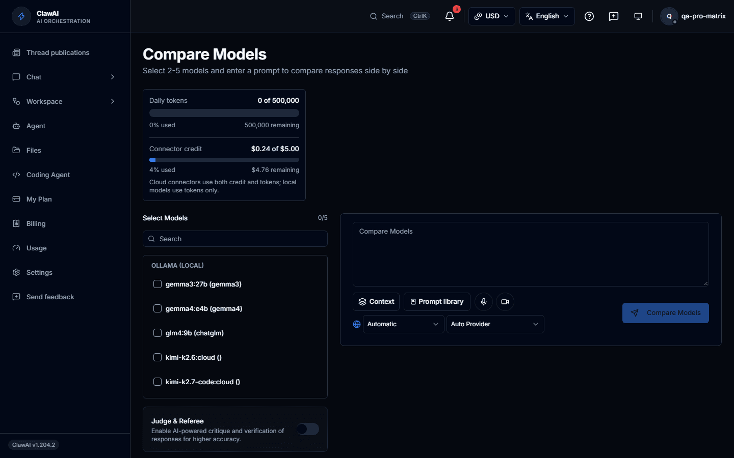 The Compare page with three models selected and a prompt typed in, ready to send.