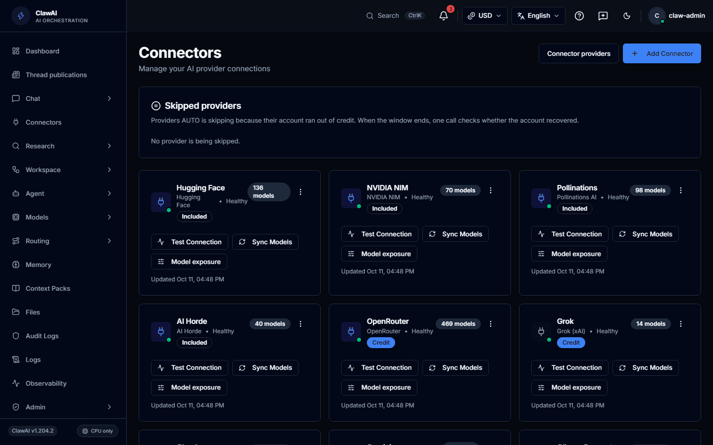 The Connectors page listing the services you can link to your workspace.