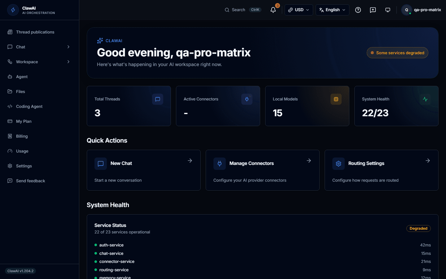 The ClawAI dashboard with an overview of your recent activity and usage.