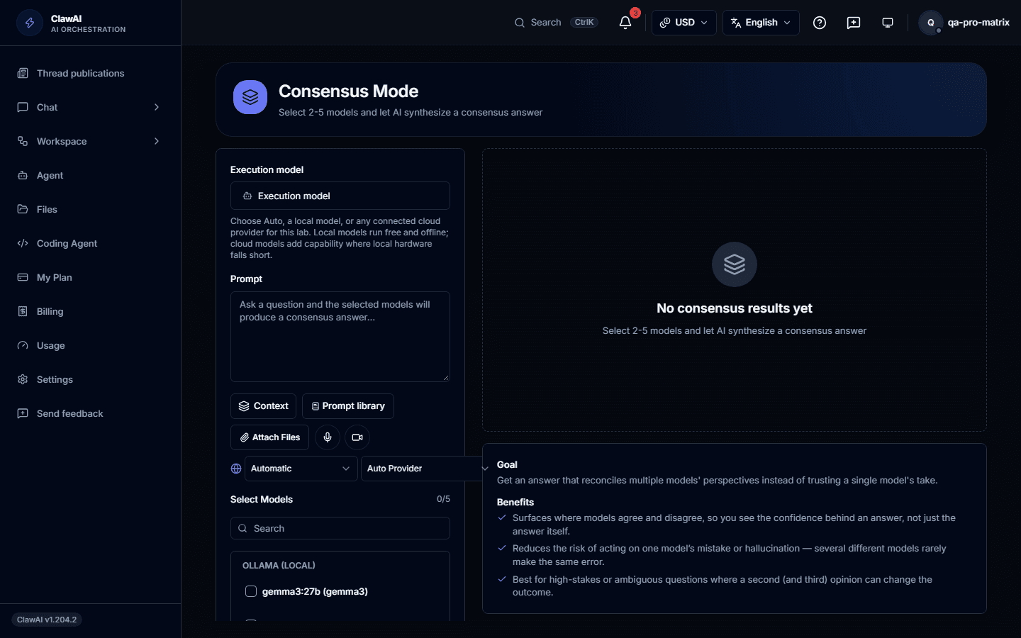 The Consensus page, where several models answer the same question and work towards one agreed result.
